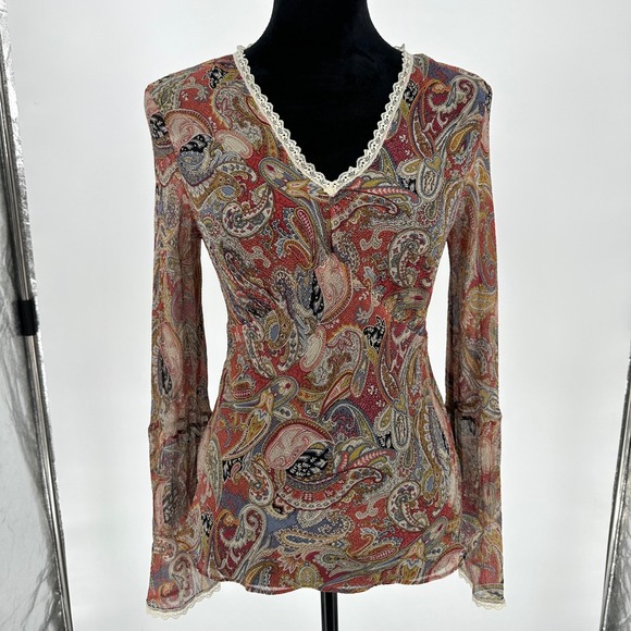 No Brand Tops - Red Paisley Boho 100% Silk Lace Flare Long Sleeve Sheer Top Whimsy Bohemian M